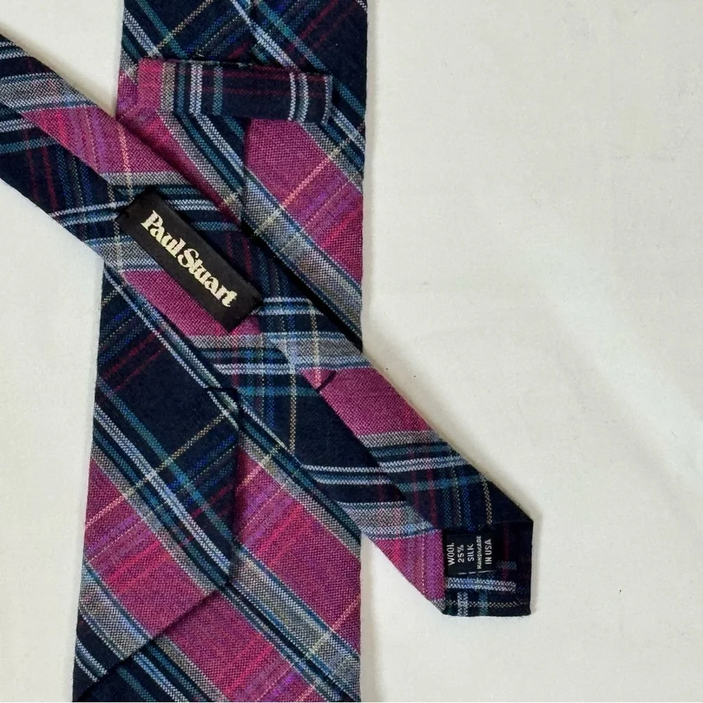 Paul Stuart Men’s Necktie with Pink and Blue Plaid 75% Wool 25% Silk Tie